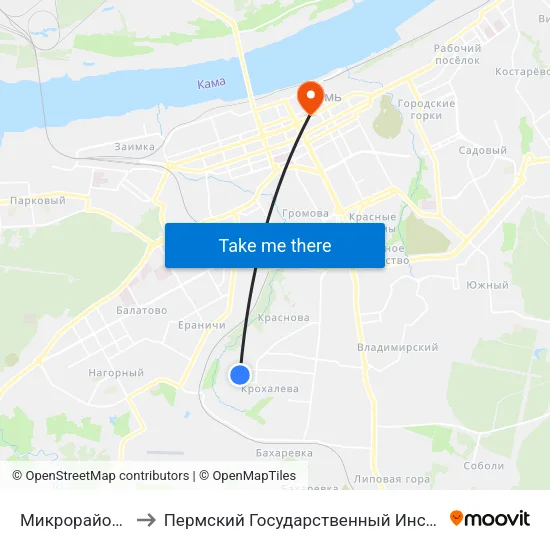 Микрорайон Крохалева to Пермский Государственный Институт Искусства И Культуры map