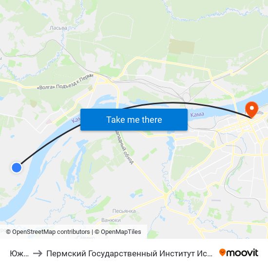 Южная to Пермский Государственный Институт Искусства И Культуры map