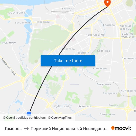 Гамовский Тракт to Пермский Национальный Исследовательский Политехнический Университет map
