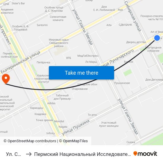 Ул. Сибирская to Пермский Национальный Исследовательский Политехнический Университет map