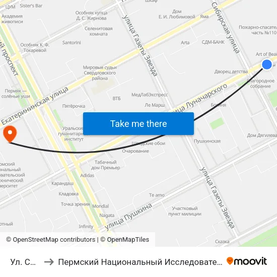 Ул. Сибирская to Пермский Национальный Исследовательский Политехнический Университет map
