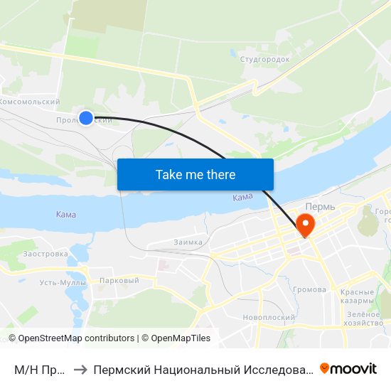 М/Н Пролетарский to Пермский Национальный Исследовательский Политехнический Университет map