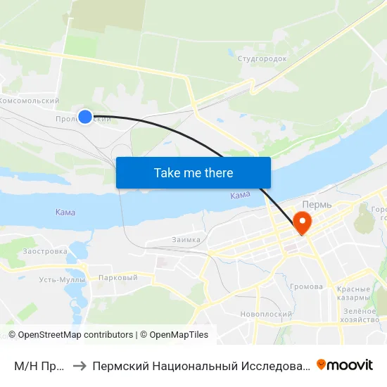 М/Н Пролетарский to Пермский Национальный Исследовательский Политехнический Университет map