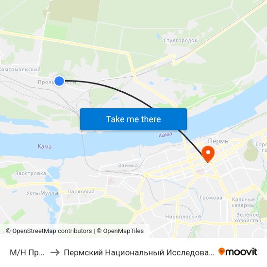 М/Н Пролетарский to Пермский Национальный Исследовательский Политехнический Университет map