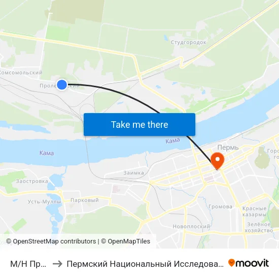 М/Н Пролетарский to Пермский Национальный Исследовательский Политехнический Университет map