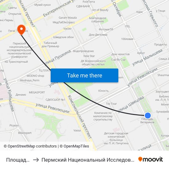 Площадь Ветеранов to Пермский Национальный Исследовательский Политехнический Университет map