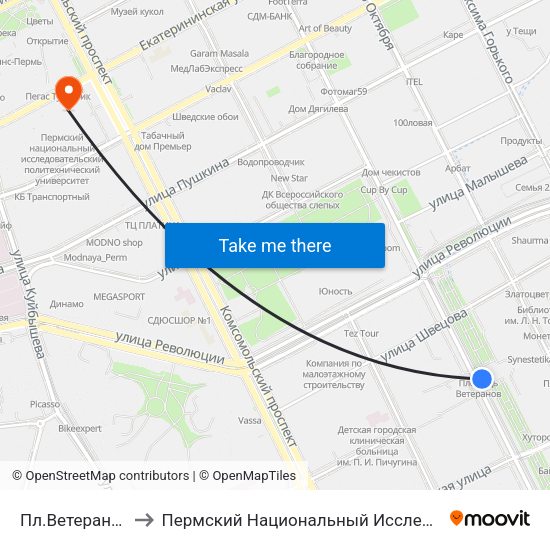 Пл.Ветеранов (Ул.Сибирская) to Пермский Национальный Исследовательский Политехнический Университет map