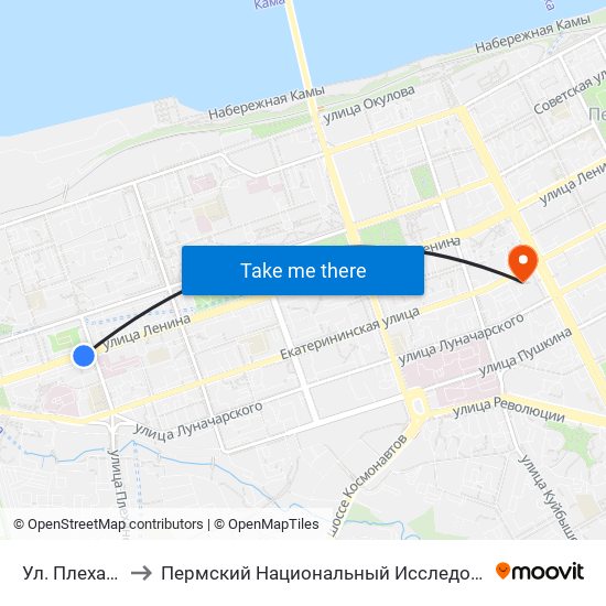 Ул. Плеханова (Ленина) to Пермский Национальный Исследовательский Политехнический Университет map