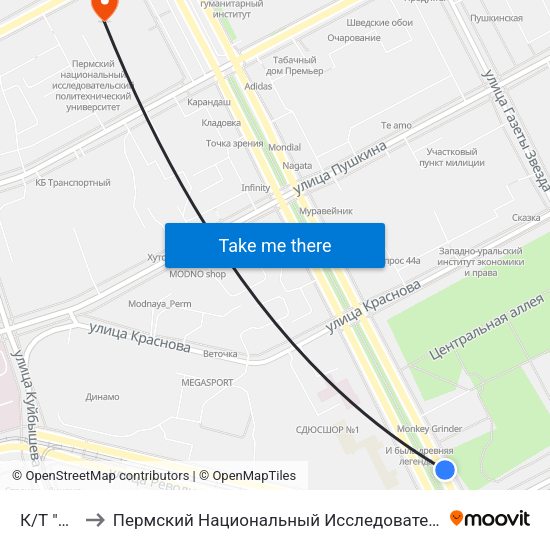 К/Т "Октябрь" to Пермский Национальный Исследовательский Политехнический Университет map