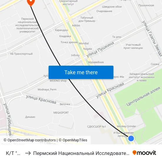 К/Т "Октябрь" to Пермский Национальный Исследовательский Политехнический Университет map