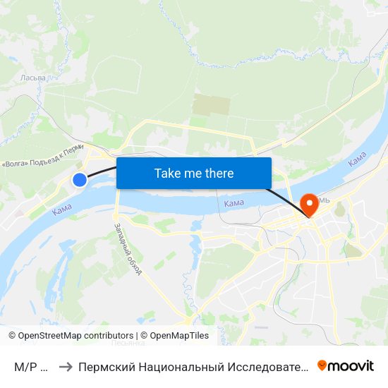 М/Р Водники to Пермский Национальный Исследовательский Политехнический Университет map