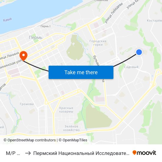 М/Р Садовый to Пермский Национальный Исследовательский Политехнический Университет map