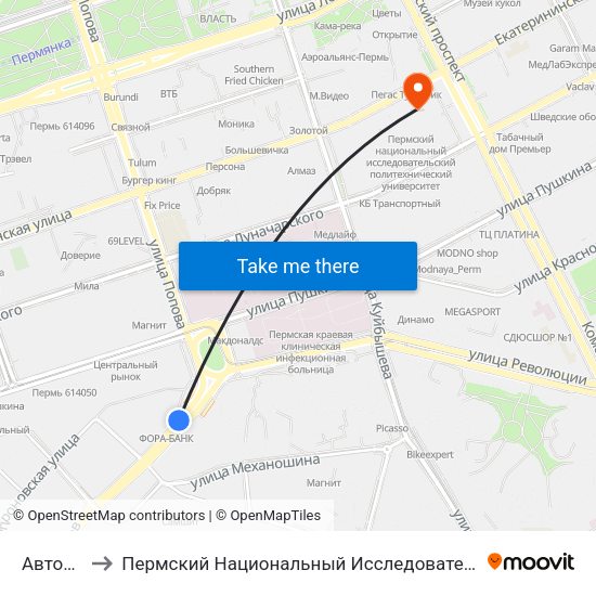 Автовокзал 1 to Пермский Национальный Исследовательский Политехнический Университет map