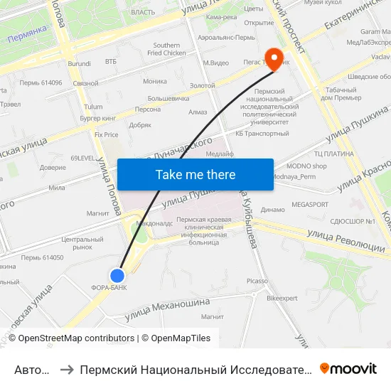 Автовокзал 1 to Пермский Национальный Исследовательский Политехнический Университет map
