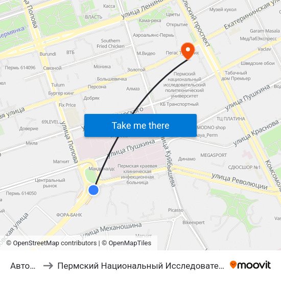Автовокзал 1 to Пермский Национальный Исследовательский Политехнический Университет map