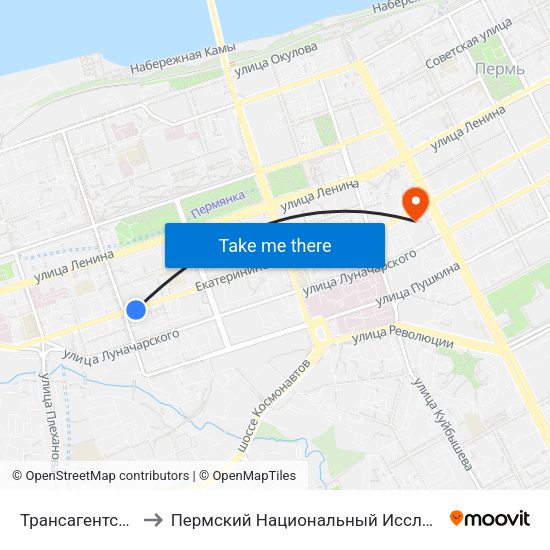 Трансагентство (Екатерининская to Пермский Национальный Исследовательский Политехнический Университет map