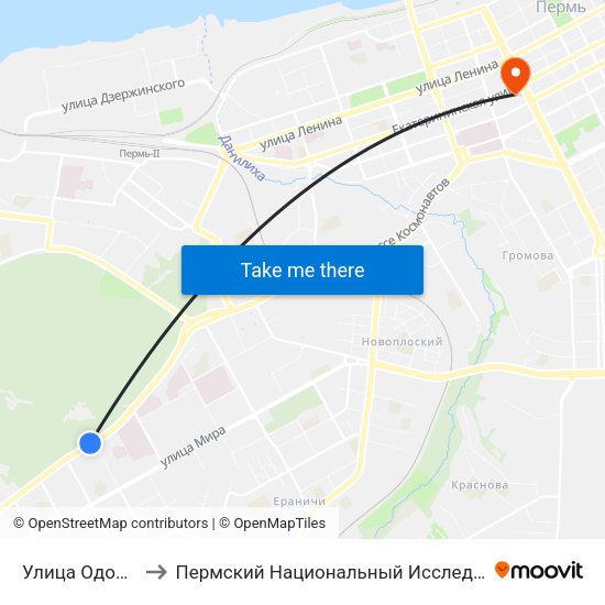 Улица Одоевского (Ш.Косм.) to Пермский Национальный Исследовательский Политехнический Университет map