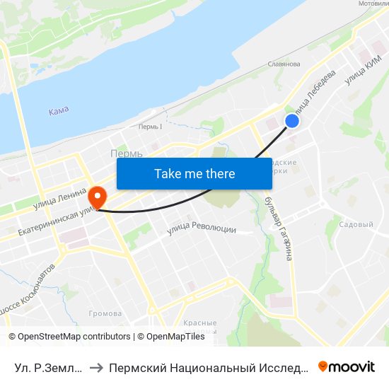 Ул. Р.Землячки (Лебедева) to Пермский Национальный Исследовательский Политехнический Университет map