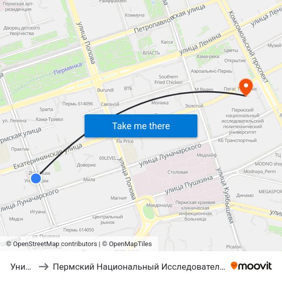 Универсам to Пермский Национальный Исследовательский Политехнический Университет map