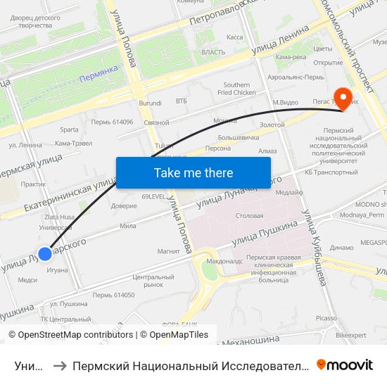 Универсам to Пермский Национальный Исследовательский Политехнический Университет map