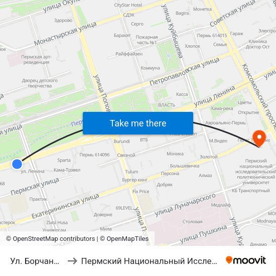 Ул. Борчанинова (По Ленина) to Пермский Национальный Исследовательский Политехнический Университет map