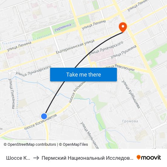 Шоссе Космонавтов to Пермский Национальный Исследовательский Политехнический Университет map