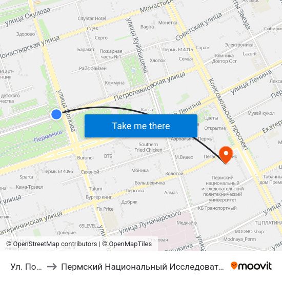 Ул. Попова (Тр) to Пермский Национальный Исследовательский Политехнический Университет map