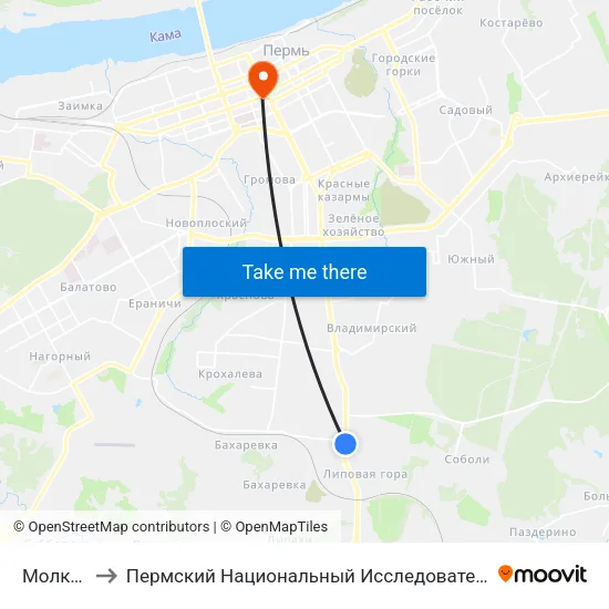 Молкомбинат to Пермский Национальный Исследовательский Политехнический Университет map