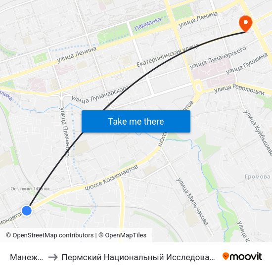 Манеж "Спартак" to Пермский Национальный Исследовательский Политехнический Университет map
