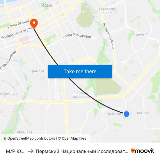 М/Р Юбилейный to Пермский Национальный Исследовательский Политехнический Университет map