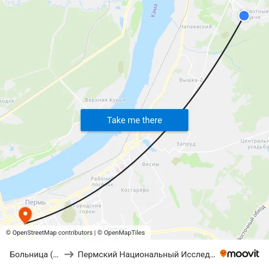 Больница (Кислотные Дачи) to Пермский Национальный Исследовательский Политехнический Университет map