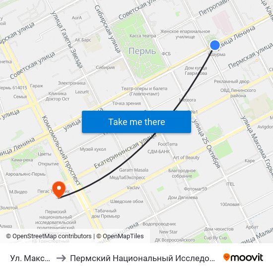 Ул. Максима Горького to Пермский Национальный Исследовательский Политехнический Университет map