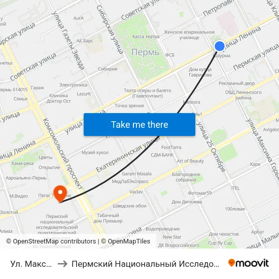 Ул. Максима Горького to Пермский Национальный Исследовательский Политехнический Университет map