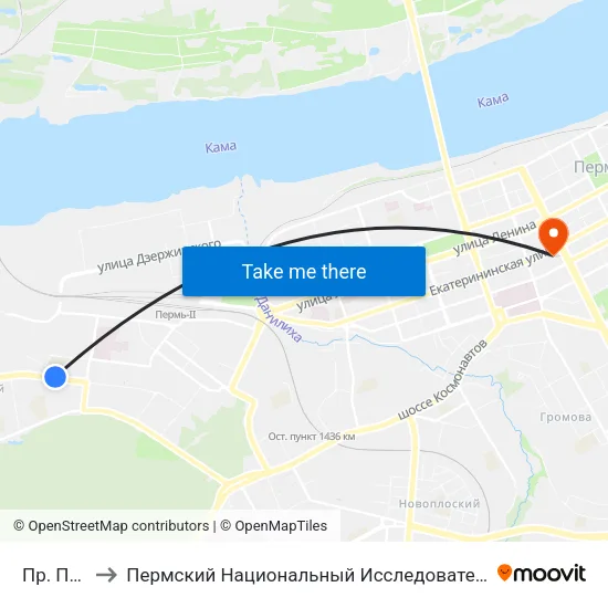 Пр. Парковый to Пермский Национальный Исследовательский Политехнический Университет map