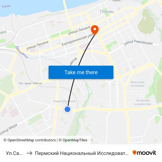 Ул.Самолетная to Пермский Национальный Исследовательский Политехнический Университет map
