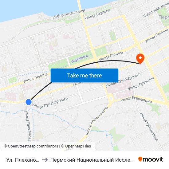 Ул. Плеханова (Луначарского) to Пермский Национальный Исследовательский Политехнический Университет map