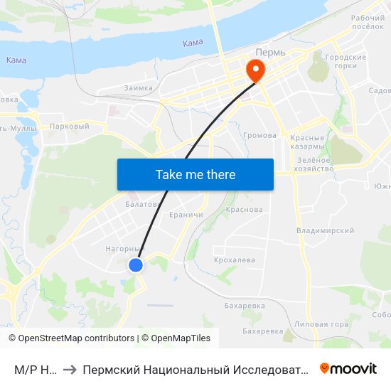 М/Р Нагорный to Пермский Национальный Исследовательский Политехнический Университет map