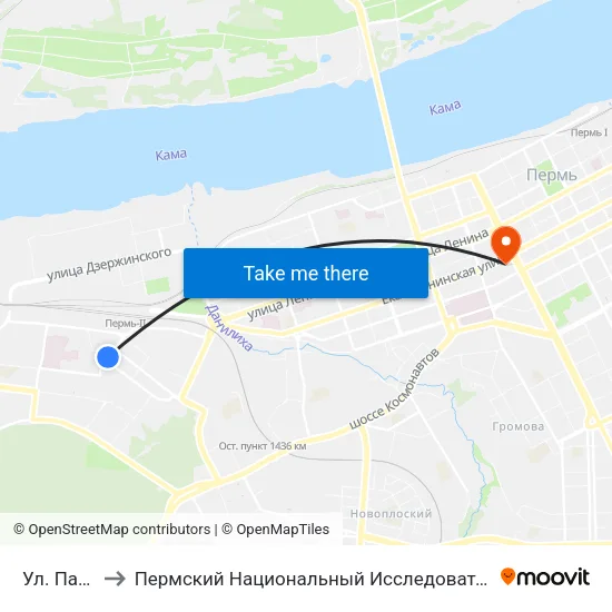 Ул. Папанинцев to Пермский Национальный Исследовательский Политехнический Университет map