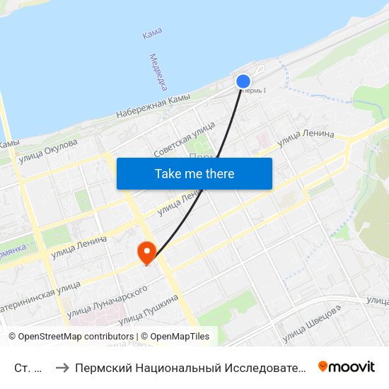 Ст. Пермь-1 to Пермский Национальный Исследовательский Политехнический Университет map