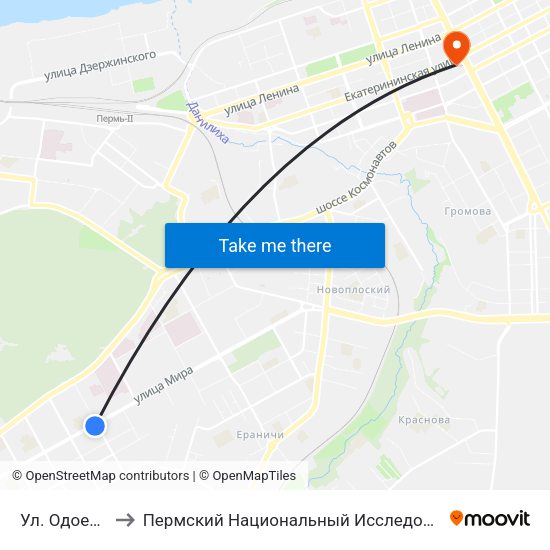 Ул. Одоевского (Мира) to Пермский Национальный Исследовательский Политехнический Университет map