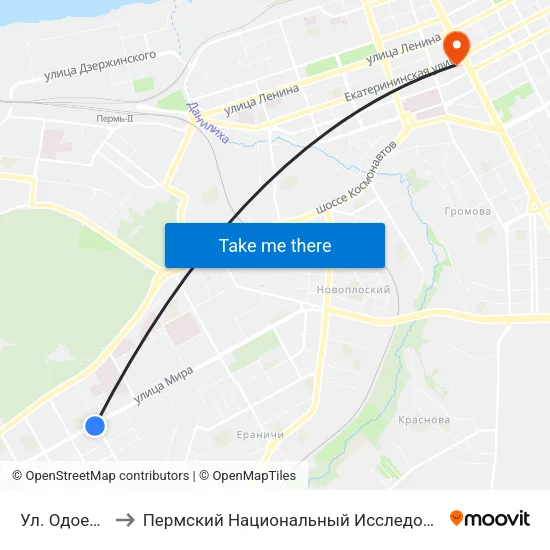 Ул. Одоевского (Мира) to Пермский Национальный Исследовательский Политехнический Университет map