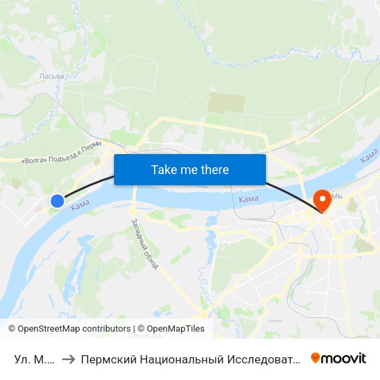Ул. М.Рыбалко to Пермский Национальный Исследовательский Политехнический Университет map