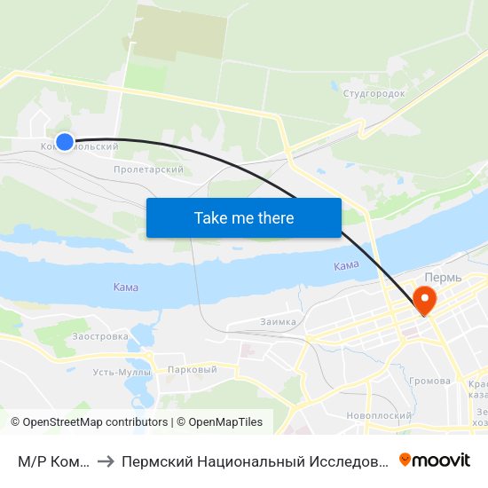 М/Р Комсомольский to Пермский Национальный Исследовательский Политехнический Университет map