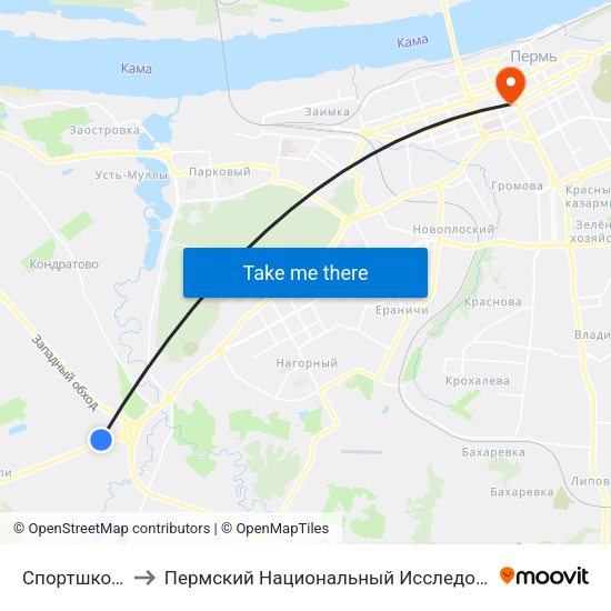 Спортшкола "Олимпиец" to Пермский Национальный Исследовательский Политехнический Университет map
