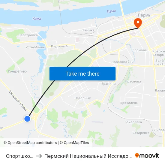 Спортшкола "Олимпиец" to Пермский Национальный Исследовательский Политехнический Университет map