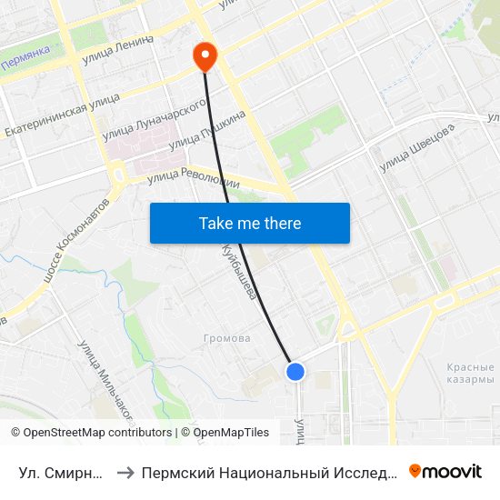 Ул. Смирнова (Куйбышева) to Пермский Национальный Исследовательский Политехнический Университет map