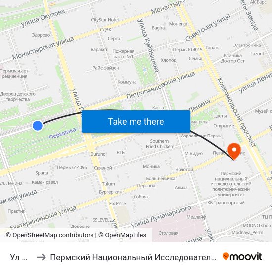 Ул Попова to Пермский Национальный Исследовательский Политехнический Университет map