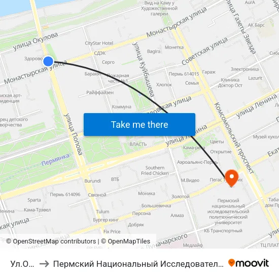 Ул.Окулова to Пермский Национальный Исследовательский Политехнический Университет map