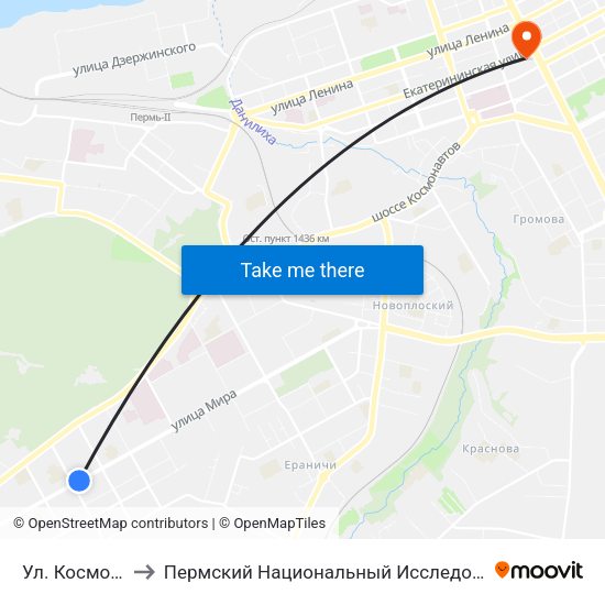 Ул. Космонавта Леонова to Пермский Национальный Исследовательский Политехнический Университет map