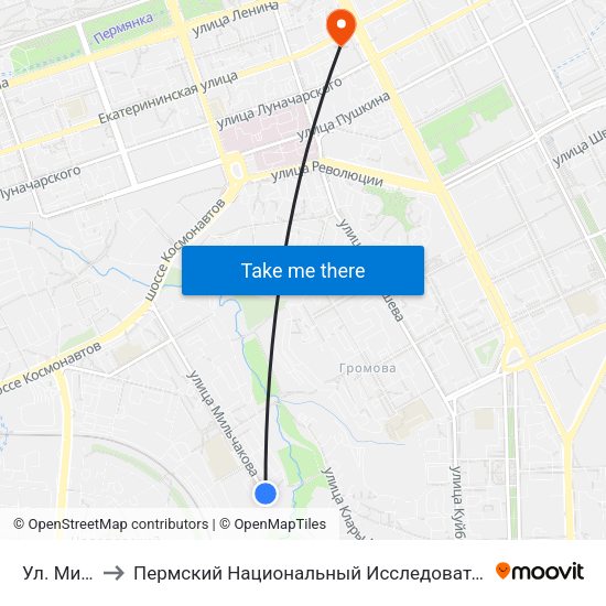 Ул. Мильчакова to Пермский Национальный Исследовательский Политехнический Университет map